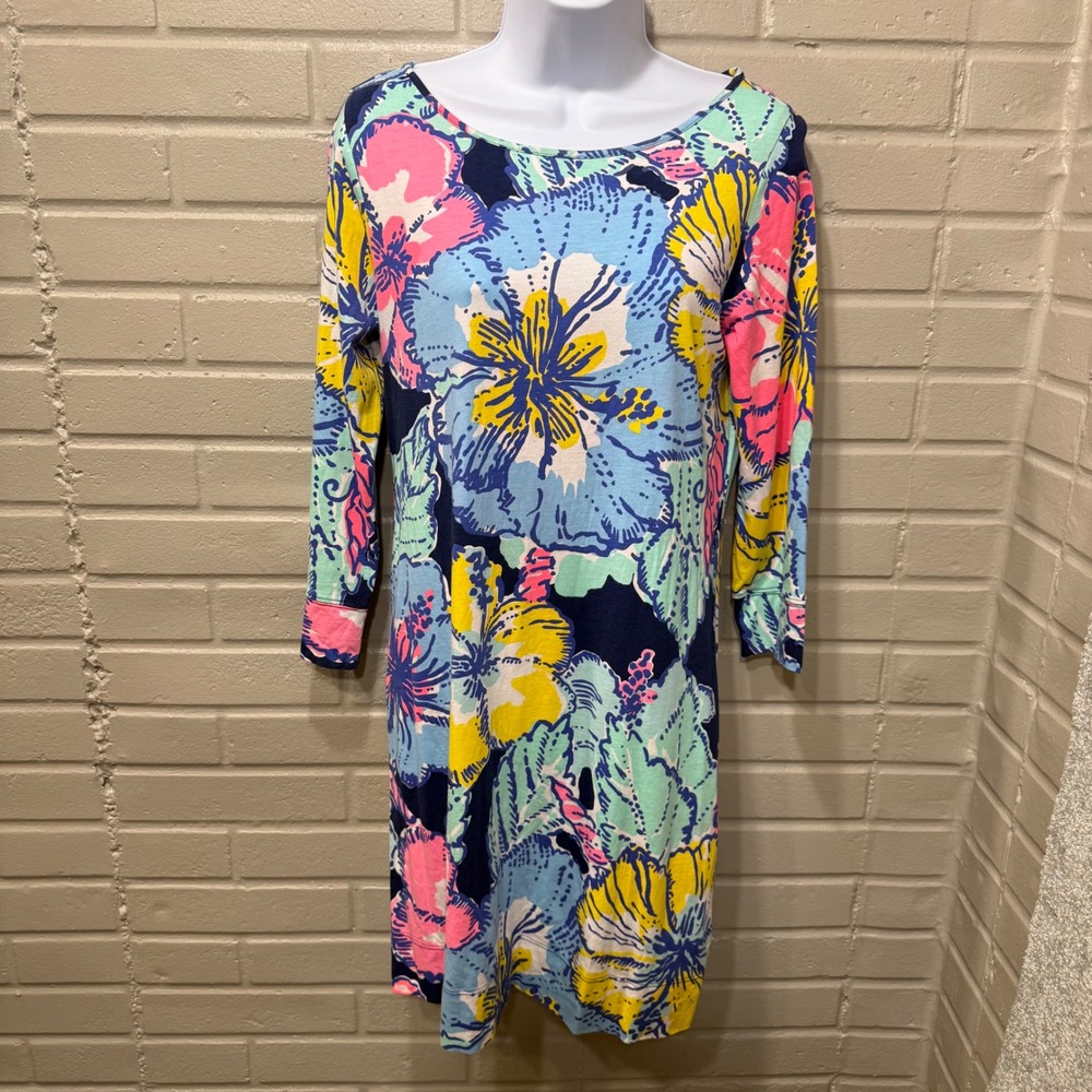 Lilly Pulitzer Marlowe Dress Pima Cotton Big Flirt Shift Floral Hibiscus Med - Picture 2 of 12